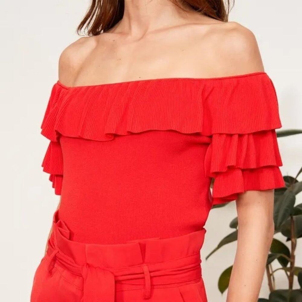 New Lucy Paris Layla Off-the-Shoulder Ruffle Top in Red Women's Size XS